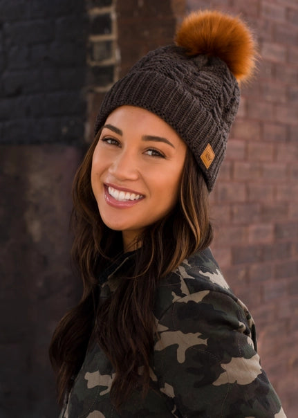 Brown Cable Knit & Rust Pom Beanie