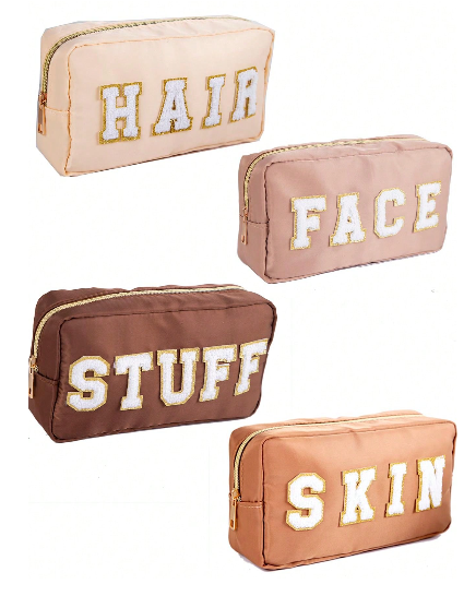 Neutral Varsity Patch Cosmetic Bags
