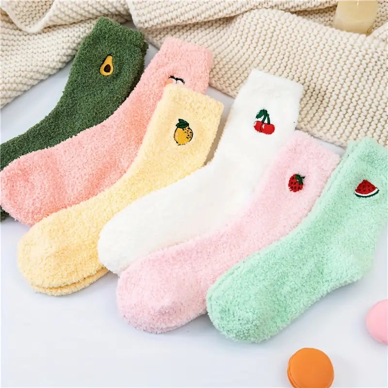 Fuzzy Embroidered Fruit Socks