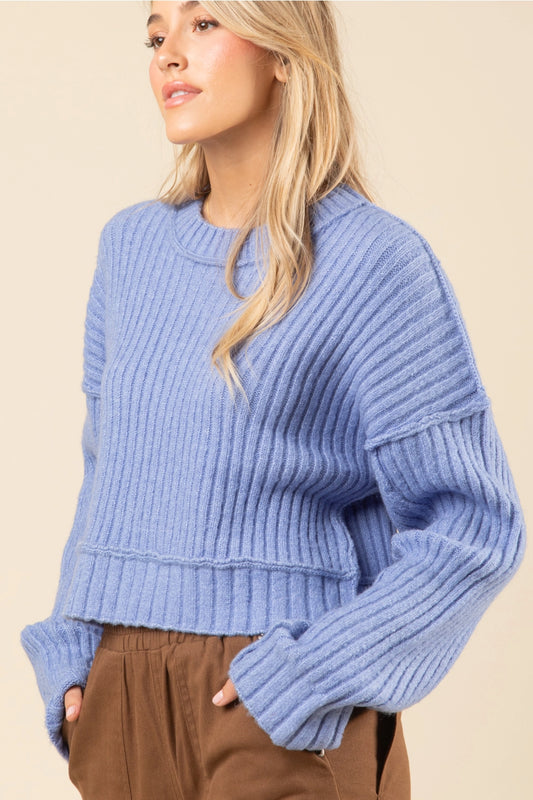 Skyline Blue Oversized Ribbed Knit Sweater- S, M, L