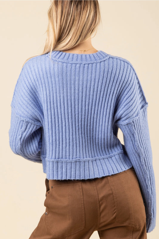 Skyline Blue Oversized Ribbed Knit Sweater- S, M, L