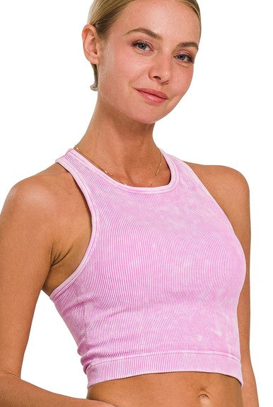 Washed Ribbed High Neck Cropped Tank