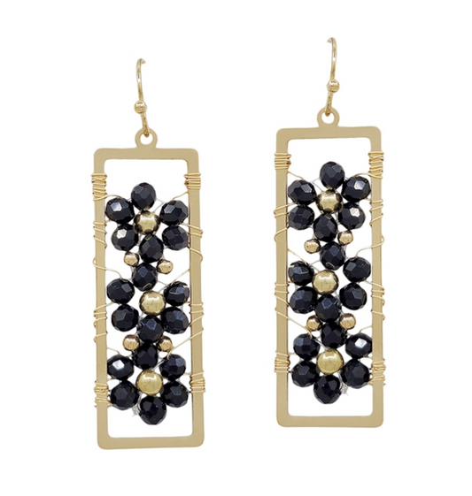 Crystal Flower Open Rectangle Earrings