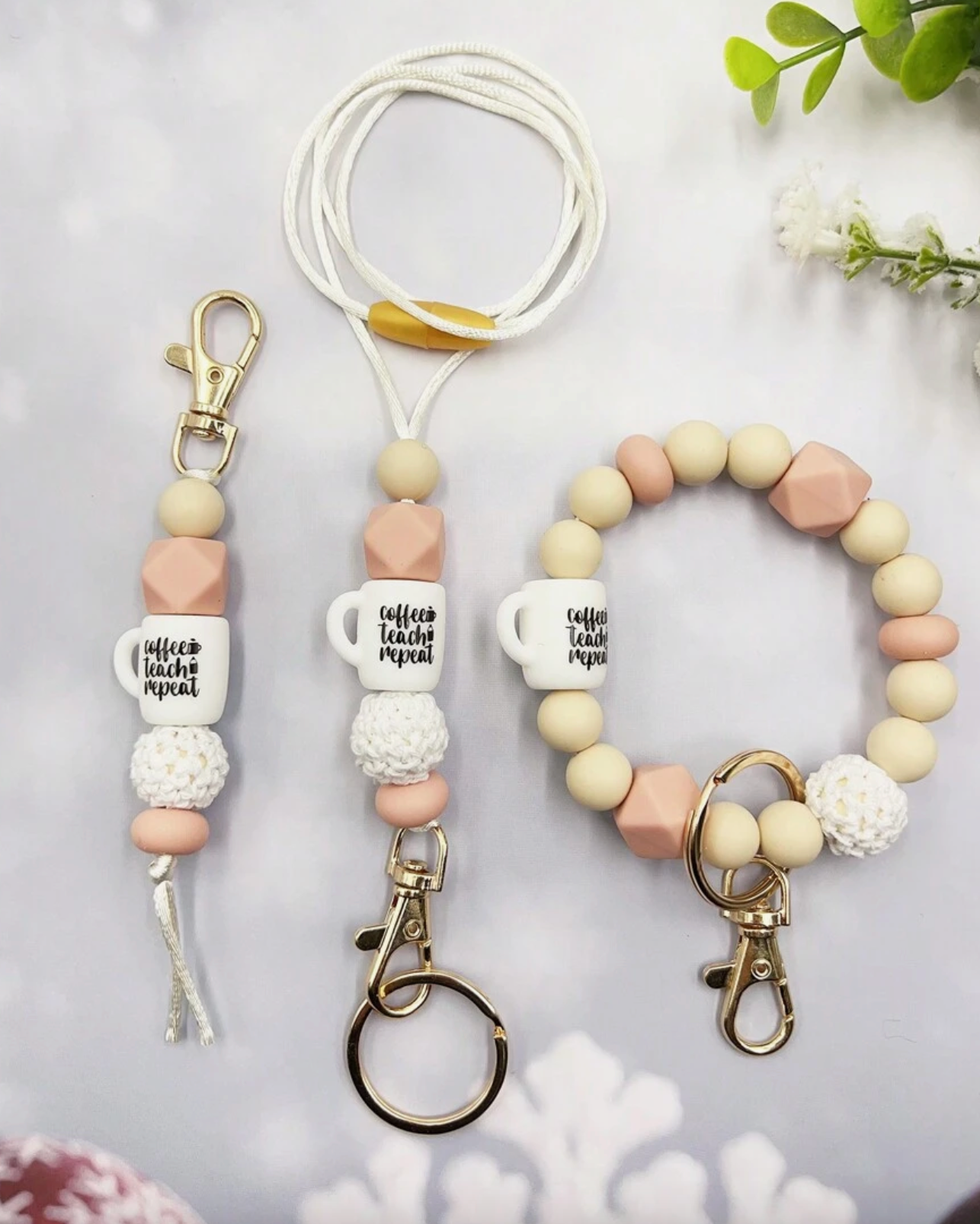 Coffee.Teach.Repeat Wool Ball Silicone Beaded Keychain